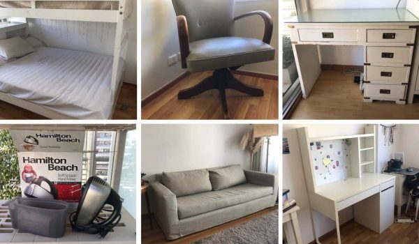 Cama cucheta, Escritorio blanco, Sofá 2 cuerpos, Escritorio blanco, Batidora de mano, Almohadones, Canastos, Sillón de escritorio giratorio, Máquina de escribir, Minipimer KitchenAid, Estanterías de plástico...