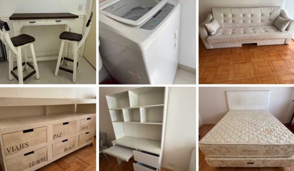 Mueble de melamina, Mesa en madera, Barra desayunadora + 2 banquetas, Heladera Marshall, Heladera Sigma, Luminaria, Mueble de arrime, Escritorio, Lámpara de pie, Escritorio con alzada, Mueble de TV, Sillón 3 cuerpos, Juego de comedor, 2 cubos y 2 estantes, Cómoda 6 cajones, Mesa de luz, Chiffonier, Sommier 2 plazas, Luminaria colgante, Par de mesas de luz, Sommier 2 plazas...