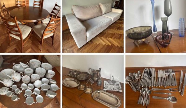 Sillón 3 cuerpos, Juego de comedor, Caramelera, Mesa auxiliar, Par de lámparas, Juego de comedor diario, Mesa auxiliar, Juego de vajilla nacional, Adornos, Lote vidrio, Tazas de café, Jarra con 4 vasos, Lote de adornos...