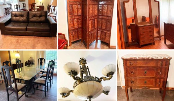 Sillas estilo Chippendale, Mesa de comedor, Araña antigua, Mesa auxiliar, Cubertero Luis XV, Lámpara Art Nouveau, Serigrafía Pérez Celis, Sillón de 3 cuerpos, Antiguo aparador renacentista, Par de sillones Luis XV, Biombo hindú, Reloj antiguo, Juego de dormitorio provenzal, Vestidor provenzal, Cama + colchón, Mármol, Mueble botinero...