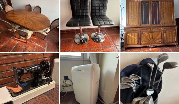 Juego de comedor, Vajillero, Sillas, Butacas de diseño, Mesa circular, Escritorio, Bolsa con palos de golf y zapatos, Lámpara en cerámica, Artículos de cocina, Cafetera Philips, Aire acondicionado Electra, Sillón de escritorio, Rack para TV, Hogar esquinero, Valijas, Espejo, Luminarias en hierro, Alfombra, Perchero Thonet, Cuadros decorativos, Tacho de residuos...