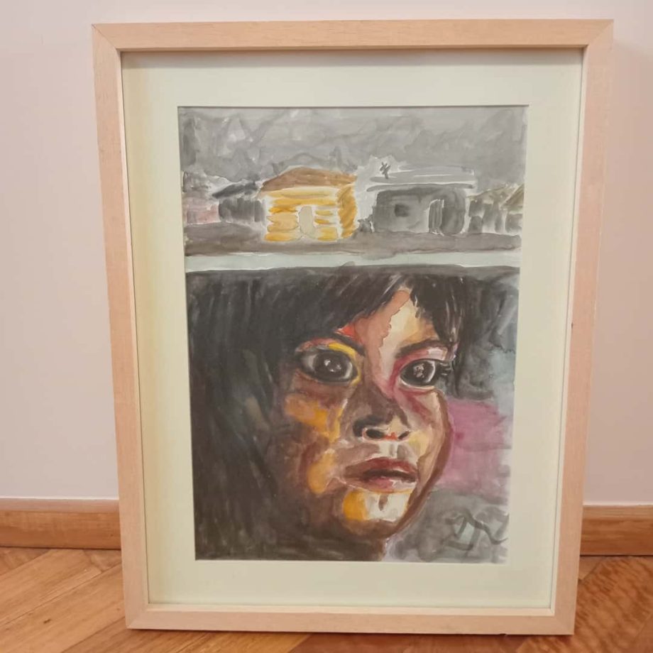 Acuarela "Ranchos y niño"
