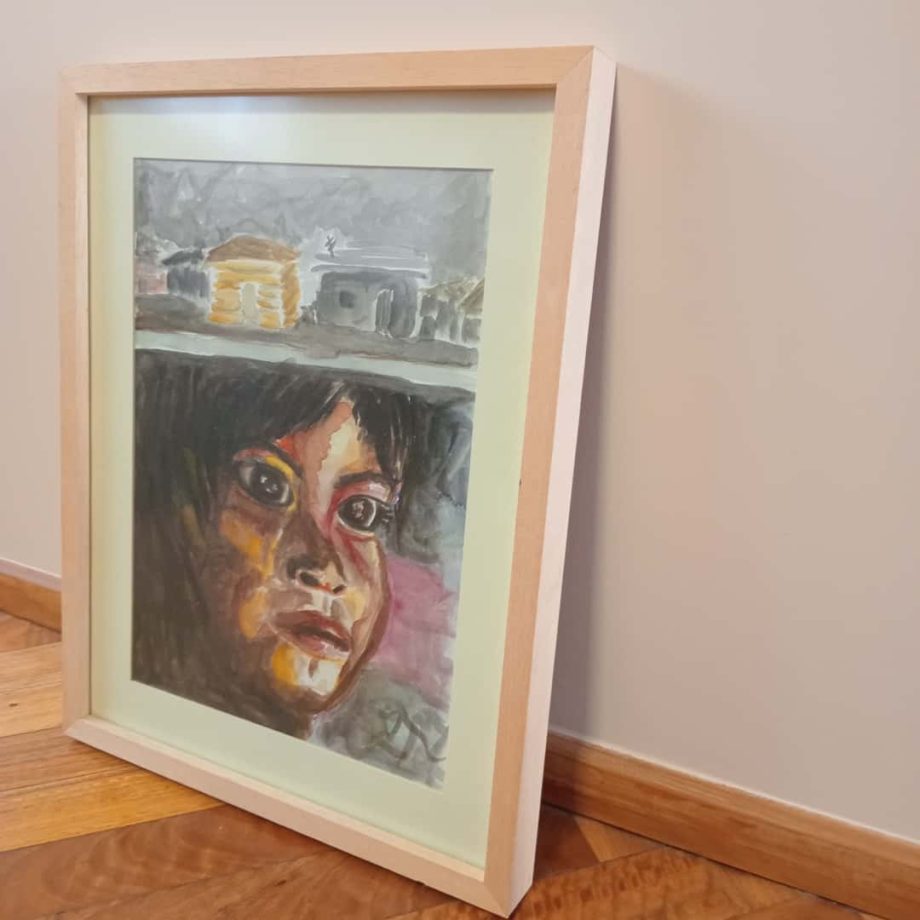 Acuarela "Ranchos y niño"