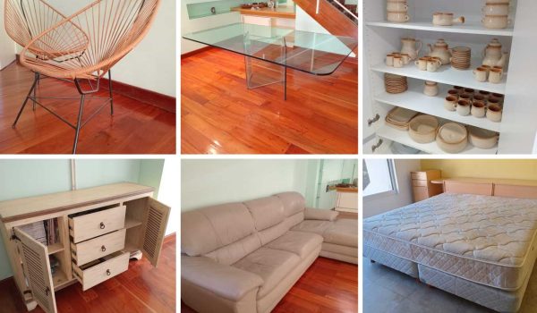 Mesa de diseño, Sillón en L, Mueble de guardado, Mesa frente sofá levadiza, Mesa auxiliar de diseño, Par de sillas Acapulco, Sillón irregular con puff, Lote de almohadones y mantas, Par de reposeras, Reposera de plástico + Sombrilla, Hamaca paraguaya, Juego de comedor, Juego de vajilla, Microondas Samsung, Lote de cerámicas, Juego de platos y bandejas...