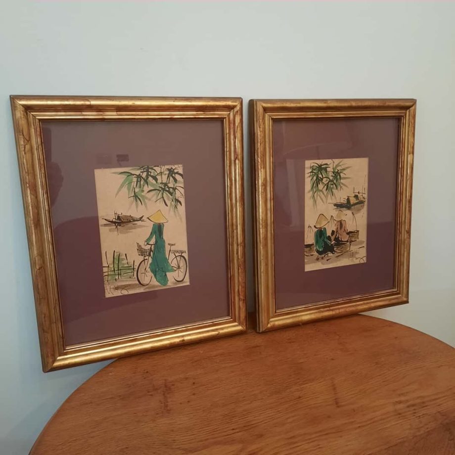 Par de cuadros con dibujos en tinta y acuarela
