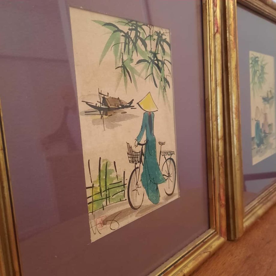 Par de cuadros con dibujos en tinta y acuarela