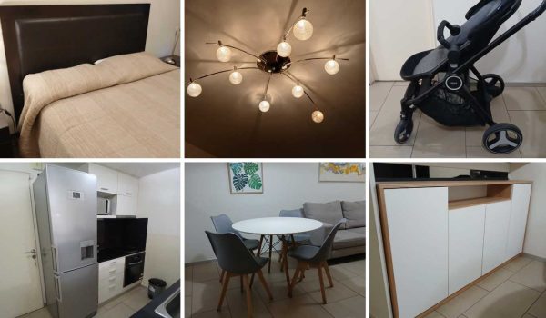 Heladera LG, Microondas BGH, Mueble organizador, Mesa + sillas, Sillón 2 cuerpos, Mesa de arrimo, Puff con capitoné, Lámpara en cerámica, Cochecito + huevito de bebé, Cuna colecho, Mesa + sillas en hierro, Adornos, Zapatero, Par de mesas de luz, Par de veladores de diseño...