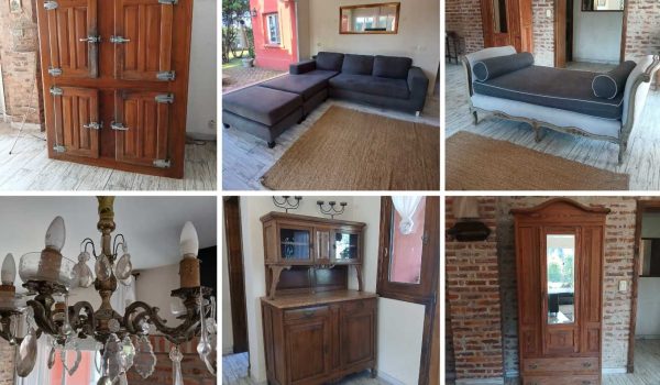 Mueble de campo con alzada, Par de sillones estilo francés, Perchero con espejo, Mesa auxiliar alta, Ropero en pinotea, Banqueta diván, Mesa de luz con alzada espejo, Sofá de diseño en L, Mesa auxiliar baja, Mesa con pie máquina de coser, Araña en bronce 6 luces, Araña 3 luces, Lámpara de mesa 