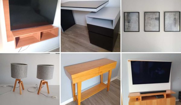 Mesa de arrime, Cuadro tríptico, Rack de TV, Rack de TV flotante, Par de mesas de luz, Par de veladores, Escritorio, Biblioteca, Escritorio con cajonera, Maceta con pie + alfombra...