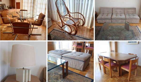 Sillón componible, Puff componible, Mesa frente sofá de diseño, Mesa auxiliar, Lámpara de mesa, Mecedora Thonet, Peces en Murano, Cajitas en cerámica, Juego de comedor, Artefacto lumínico colgante de diseño, Centros en cristal tallado, Payaso en Murano, Porcelanas Nao 