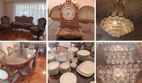 Juego de comedor estilo francés, Araña estilo francés, Juego de sala estilo francés, Par de lámparas, Par de mesas costado sofá, Reloj en bronce, Par de perros egipcios, Par de candeleros + Reloj, Canasta + tazas, Par de apliques, Aparador bajo, Vajilla Tsuji...