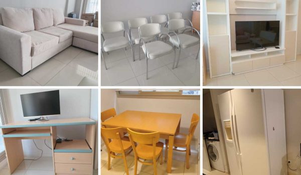 Mueble multifunción, Mesa tapa vidrio esmerilado, Silloncitos de diseño, Banquetas, Butacón 2 cuerpos, Silla de escritorio, Escritorio para PC, Sillón 3 cuerpos, Almohadones, Puff, Home Theatre Sony, Mesa con 4 sillas, Microondas BGH, Heladera GE...