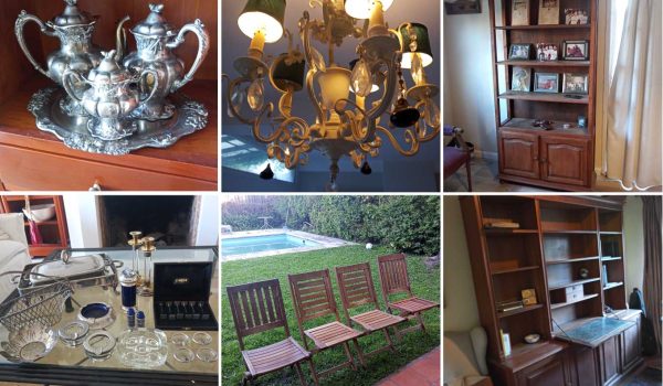 Piezas en cerámica, Lote de cristal y vidrio, Set de copas, Juego de te y chocolate, Lote de metal plateado, 8 piezas, Lote de metal plateado, 12 piezas, Lote de ceniceros y varios, Lote de tazas, platos y tetera, Espejo marco dorado, Mesa frente sofá, Mesa costado sofá, Sofá 3 cuerpos, Mesa carro, Mesa antigua en hierro, Sillas en Teka, Mueble biblioteca, Pequeña biblioteca, Lámpara de escritorio, Marcos antiguos, Alfombra Kilim...