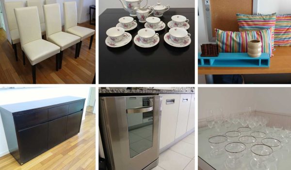 Mesa de exterior en teka, Par de sillas director, Par de sillas, Plantas, Colchón 2 plazas, Respaldo de cama, Par de sillones 1 cuerpo, Mesa costado sofá de diseño, Sillas, Mesa de diseño, Mueble organizador, Par de faroles y esfera, Araña de diseño, Mesa, Enseres de cocina, Lote de vajilla, Jarras, Nebulizador, juguera y batidora...