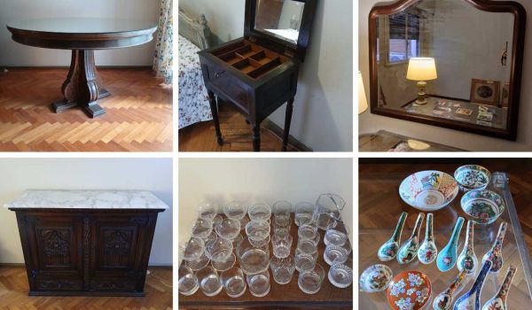 Mueble auxiliar, Mesa redonda tapa espejo, Sillas, Mesa auxiliar, Mesa auxiliar redonda, Taburete caja musical, Consola con tapa de mármol, Mesa auxiliar redonda, Mesa frente sofá, Lote de juegos de café, Lote de cubiertos, Lote de metales, Fondue y más, Adornos varios, Lámpara de madera dorada, Cuadro
