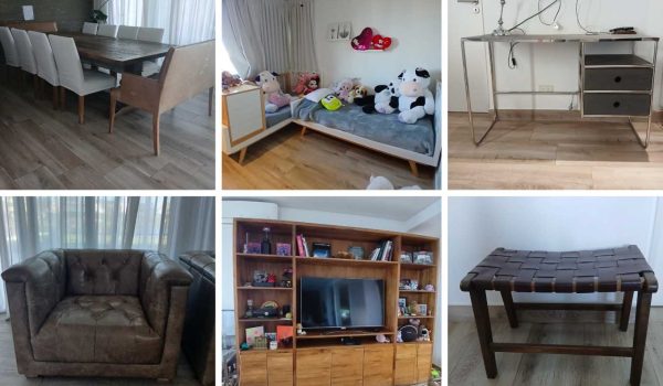 Juego de comedor, Par de sillones estilo Chester, Mesa carro de diseño, Juego de comedor diario, Espejos redondos, Biblioteca en madera, Mesa de niños con sillas, Lámpara colgante de diseño, Bandeja diseño + objetos, Respaldo, Par de mesas de luz, Par de sillones 1 cuerpo, Banco en madera y cuero, Baúl en pino, Par de muebles tocadores con sus banquetas, Cuna funcional ...