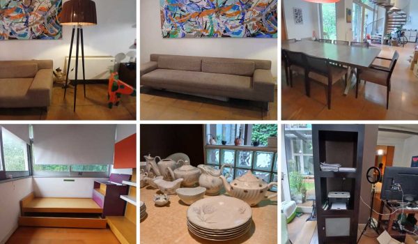 Lámpara de pie, Sillón 3 cuerpos de diseño, Juego de comedor, Lámpara 1/2 esfera colgante, Par de banquetas tapizados, Mesa de comedor diario, Par de bibliotecas en módulos, Cama en hierro, Mesa de luz, Ropero de diseño, Cama de diseño, Rack con estantes, Cuadro