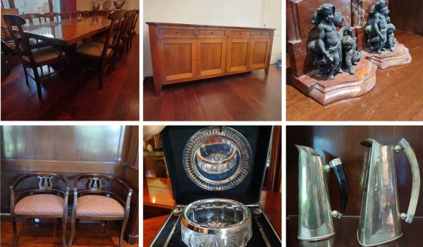 Juego de comedor de Amalio Russo, Vajillero, Espejo apaisado, Araña estilo holandés, Par de apliques, Paneles orientales color bordó, Vitrina, Aprieta libros, Importante biblioteca, Juego en metal plateado, Necessaire de viaje, Par de silloncitos herradura, Chispero en bronce...