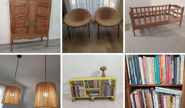 Par de silloncitos de diseño, Mesa de jardín, Mueble auxiliar, Par de láminas enmarcadas, Mesa alta, Cocina, Aparador provenzal, Espejo provenzal, Mesa carro, Par de pantallas colgantes, Rack de pallets de madera, Par de cuadros, Estantería, Mesa en fórmica, Cuna estilo provenzal, Mesa auxiliar, Lote de libros...