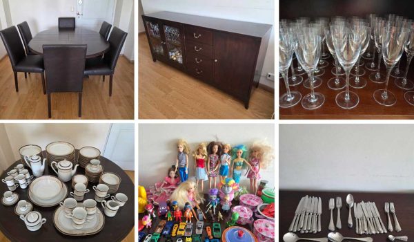 Juego de comedor, Vajillero, Velador, Impresora multifunción HP, Juego de porcelana Tsuji, Juego de café, Copas, Cristalería, Libros, Libros infantiles y juguetes, Juguete de bebé + banderines, Tetera, Mueble organizador, Cama 1 plaza, Juego de cubiertos...