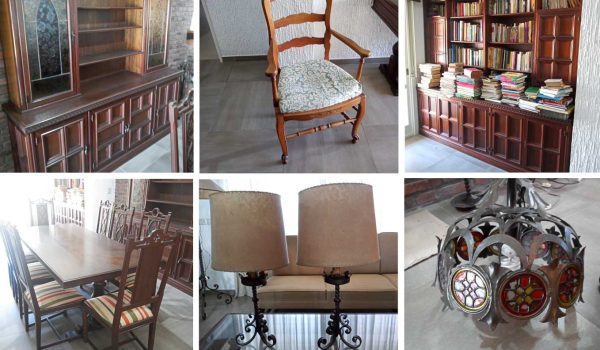 Juego de comedor, Vajillero con vitrina, Escritorio, Sillas estilo provenzal, Sillón 1 cuerpo, Gran biblioteca, Elementos chimenea, Par de sillones, Sillón 3 cuerpos, Cama 2 plazas, Par de mesas de luz, Araña colgante, Cómoda 6 cajones, Espejo biselado, Mueble auxiliar, Par de mesas de luz, Escritorio doble, Biblioteca, Par de lámparas...