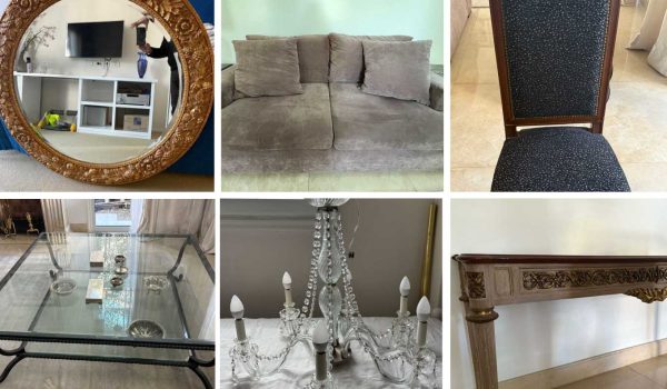 Par de tarimas, Bases de madera, Espejo circular, Mesa auxiliar en hierro, Sillas estilo inglés, Puff 2 cuerpos, Mesa auxiliar, Mesa frente sofá, Consola estilo francés, Mesa auxiliar en madera, Sillones de 2 cuerpos, Araña 6 luces, Par de mesas costado sofá...