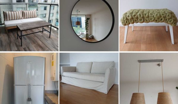 Luminaria doble, Plafón de techo, Espejo redondo, Heladera Whirlpool, Lavavajillas Whirlpool, Cortina roller, Estantes de metal, Cortina roller, Sillón 2 cuerpos, Banqueta de diseño, Sillón 2 cuerpos + Mesa, Respaldo de cama 2 plazas, Luminaria colgante, Mesa de luz, Estantes de metal, Pequeña biblioteca, Par de sillas Eames...