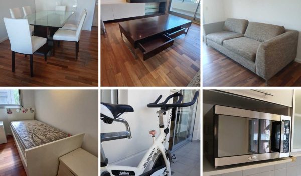 Juego de comedor, Sofá 2 cuerpos, Par de puff, Mesa frente sofá, Cama funcional, Cajonera 5 cajones, Ropero, Mesa de niños con sillas, Baúl, Cama + colchón, Ropero, Baúl, Piano Yamaha, Mesa de luz con escritorio, Par de estantes + Biblioteca, Bicicleta fija, Heladera Whirlpool, Microondas Whirlpool...