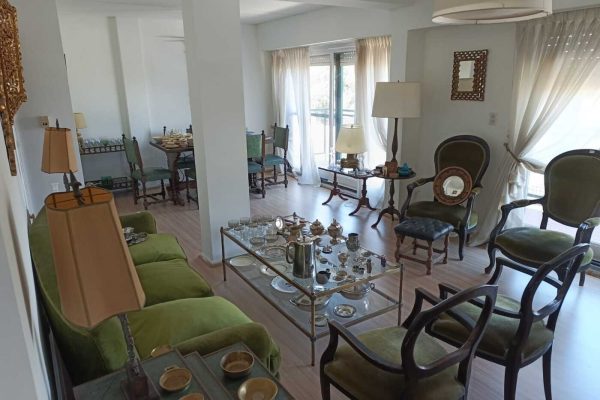 Sofá en pana verde estilo clásico; sillón bergere en eco cuero; par sillones de estilo en pana verde; par silloncitos Colonial Inglés; banqueta tapizado verde; mesas auxiliares: 2 planos en bronce y vidrio, nido, rústicas, de teléfono, de TV, madera con barandas bar, otras; mueble secretaire con bar espejado, otro secretaire con estantes biblioteca; comedor estilo rústico: mesa en madera maciza...