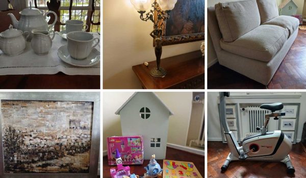 Vinoteca, Reposera de plástico, Par de sillas directorio, Ventilador de pie, Candelabro + Fuente, Fuente para horno, Lote artículos cocina, Organizadores, Par de canastos, Juego de te y café Verbano, Salsera y cremera Verbano, Botellón y Decantador, Plato oriental y bowl, Cuadro “Paisaje abstracto”, Petit bronce lámpara, Lámpara en opalina, Reja de hierro, Chispero, Par de mesas de luz, Sillón butaca doble...