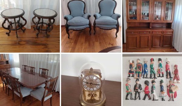 Par de mesas costado de sofá, Sillón 3 cuerpos, Par de plafones en bronce, Mesa frente sofá, Par de sillones 1 cuerpo, Juego de te, Par de veladores en bronce, Módulo de guardado, Juego de comedor, Mueble de guardado, Lote de adornos, Consola, Relojes, Floreros, Vidrios color, Lote de copas, Vasos, Copas facetadas...