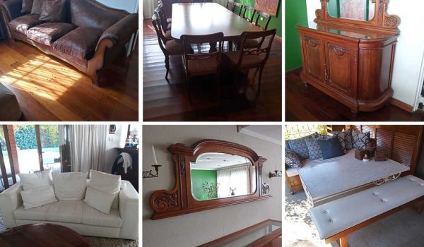 Sofá 3 cuerpos, Par de sofás, Espejo tipo veneciano, Sillón 3 cuerpos, Juego de comedor estilo inglés, Arrimo 2 planos, Espejo en madera tallada, Mueble bajo, Vajillero con alzada, Mesa auxiliar bar, Óleo tríptico de M. Traverso, 2 Livings exterior, Sillón de descanso, Óleo de M. Traverso, Mesa redonda...