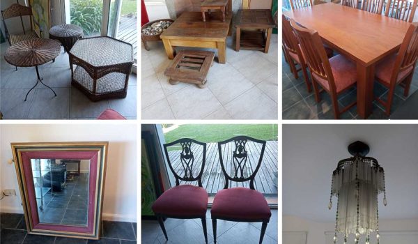 Juego de comedor, Lote de cerámica, Mesa carro, Espejo, Consola 2 cajones, Lote de cafeteras, Mesa frente sofá, Par de sillas, Par de sillas antiguas, Lote hindú, Muebles en ratán, Lote de mesas y paila, Lámpara de pie y sillón, Puff, Lote de pasamanería...