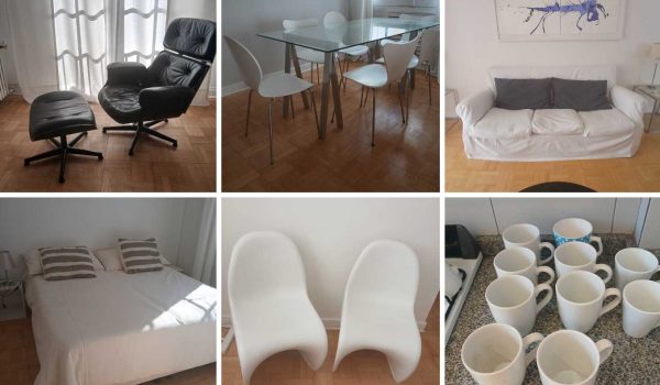 Mesa tapa vidrio, Sillas Jacob, Par de espejos, Par de mesas costado sofá, Par de veladores, Sillón 3 cuerpos, Par de sillones, Sillón 2 cuerpos, Par de mesitas bajas, Lámpara de pie, Cuadro enmarcado, Aplique de luz circular, Estantes flotantes, TV Samsung, Marcos de fotos, Sillón tipo Miller...