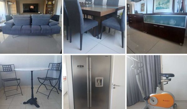 Par de silloncitos de diseño, Mesa frente sofá, Sillón 2 cuerpos, Rack de TV + 2 bibliotecas, Juego de comedor, Vajillero de diseño, Lámpara de pie, Juego de exterior en hierro, Heladera doble puerta Atma, Microondas Sanyo, Air Fryer Telefunken...