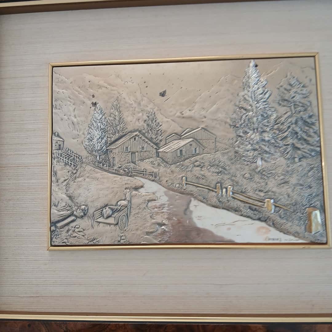 Placa enmarcada "Paisaje con carreta"