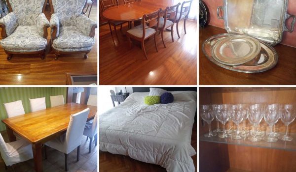 Par de sillones, Sofá 3 cuerpos, Mesa frente sofá, Bandejas de peltrina, Ensaladera, Bandeja y posa fuente, Florero en cerámica, Fuentes, Jarrón en vidrio, Jarras, Pequeños electrodomésticos, Bandejas en acero inox, Juego de comedor estilo inglés, Adornos, Ventilador Liliana, Copas...