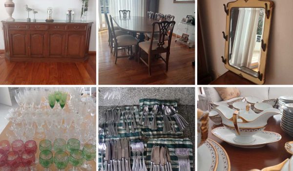 Juego de comedor estilo inglés, Reloj antiguo alemán, Vajillero bajo estilo inglés, Sillón 2 cuerpos Fradusco, Mesas ratonas, Juego de comedor diario, Botellones tallados, Jarras talladas, Varios cristal tallado, Lote de vasos, Juego de cristalería, Juego de cubiertos, Juego de loza Verbano...