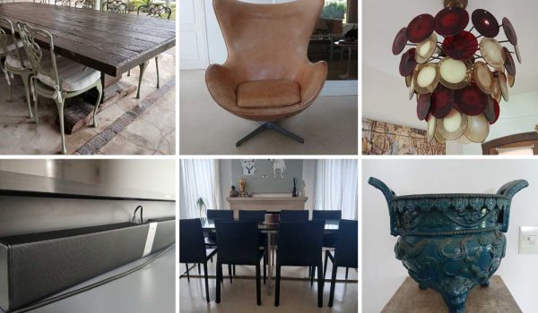 Lámpara colgante de diseño, Cuadro decorativo, Pedestal en fibra, Jarrón oriental, Sillón estilo francés, Egg chair, Pequeña mesa Tulip, Juego de comedor, Par de sillones de diseño, Cuadro decorativo, Cuadro