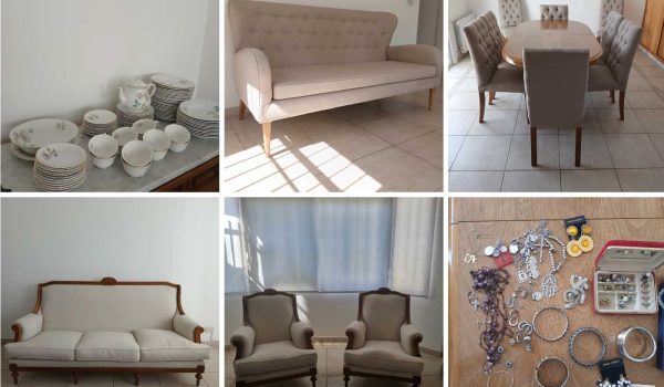 Sillón 3 cuerpos, Par de sillones 1 cuerpo, Aparador bajo con tapa de mármol, Alfombra peluda, Almohadones, Cuadros, Juego en porcelana Sajonia, 2 piezas en loza inglesa Sunshine, Juego de comedor, Sillón de diseño 2 cuerpos, Lote de cuadros y láminas enmarcadas, Sillón 3 cuerpos, Mueble auxiliar, Par de sillones 1 cuerpo, Banqueta en hierro, Par de sillas 2 cuerpos...