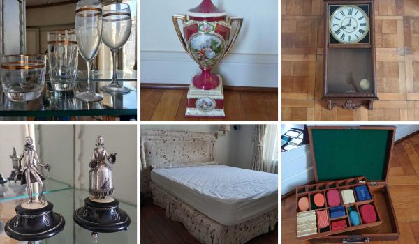 Lote de copas, Lote de portarretratos, Pareja en plata y ébano, Lote de copas iridiscentes, Bandeja, Plato decorativo, Potiche, Florero, Figura en porcelana blanca, Espejo y utensilios, Tintero, Encendedor y carameleras, Botellón y jarra en cristal, Perfumeros, Lote de espejos, Par de lámparas, Respaldo con sommier Roche Bobois, Cortinas Roche Bobois, Percha valet...