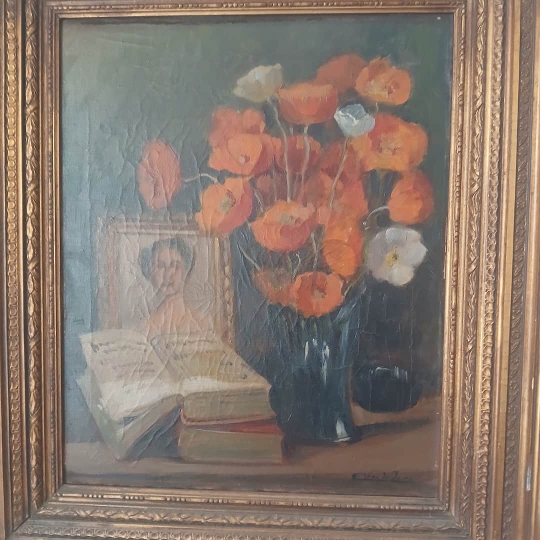 Óleo enmarcado "Retrato con flores", Helena de Jara