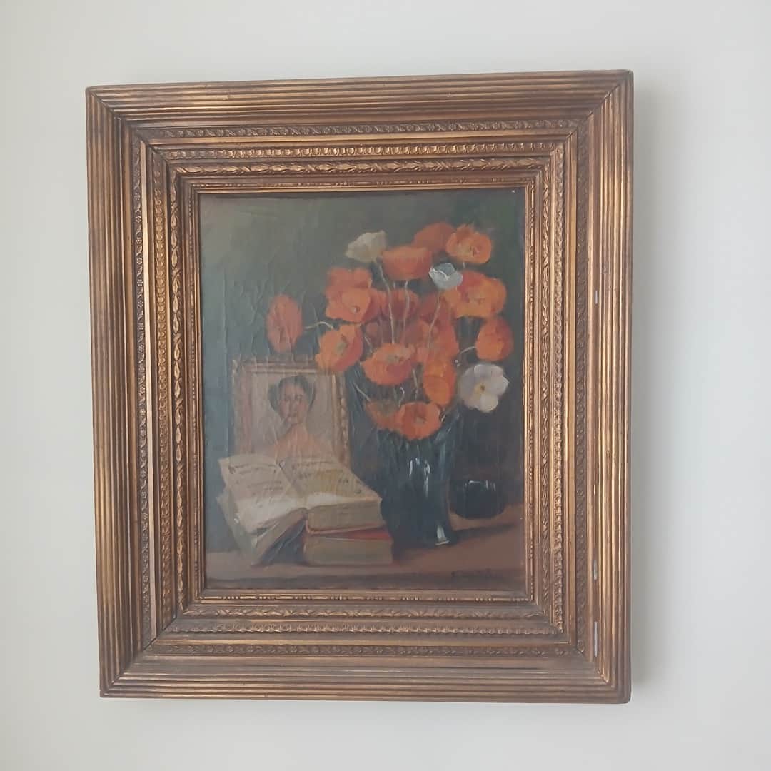 Óleo enmarcado "Retrato con flores", Helena de Jara