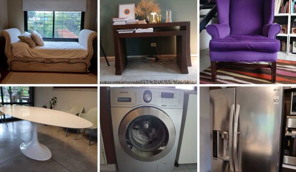 Par de consolas, Mesa oriental, Organizadores de vinilos, Lámpara de techo, Mesa de comedor, Reloj, Banquetas, Mesa Tulip, Sillas de plástico, Cuadro con láminas italianas, Mesa baja de diseño, Aplique de luz, TV Samsung Smart, Microondas Samsung Smart, Heladera LG, Lavarropas Samsung, Aplique de luz...