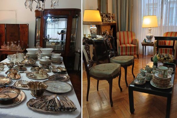 Sofá 3 cuerpos con funda blanca; par silloncitos rayados; sillón 1 cuerpo tapizado en lino con funda Toile de Jouy; diván con colchón; silla baja asiento petit point; sillón 1 cuerpo racionalista; par sillas tapizadas en petit point; par sillones trono en petit point; silla reclinatorio; mesas auxiliares: libro redonda estilo Inglés, libro de juego Provenzal en raíz, estilo oriental, pequeña riñón tapa de mármol y baranda bronce, de sala borde irregular con cajón y pata central, pata central con cajón y tapa cuero gastado...
